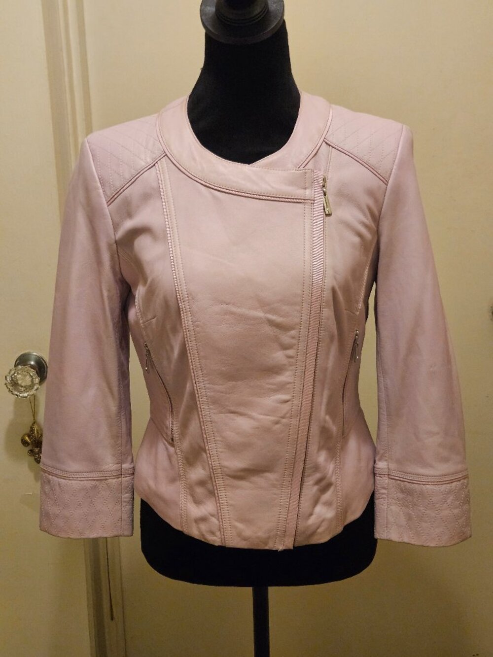 White House Black Market Light Pink Leather Moto Jacket 3/4 Sleeves Size Small